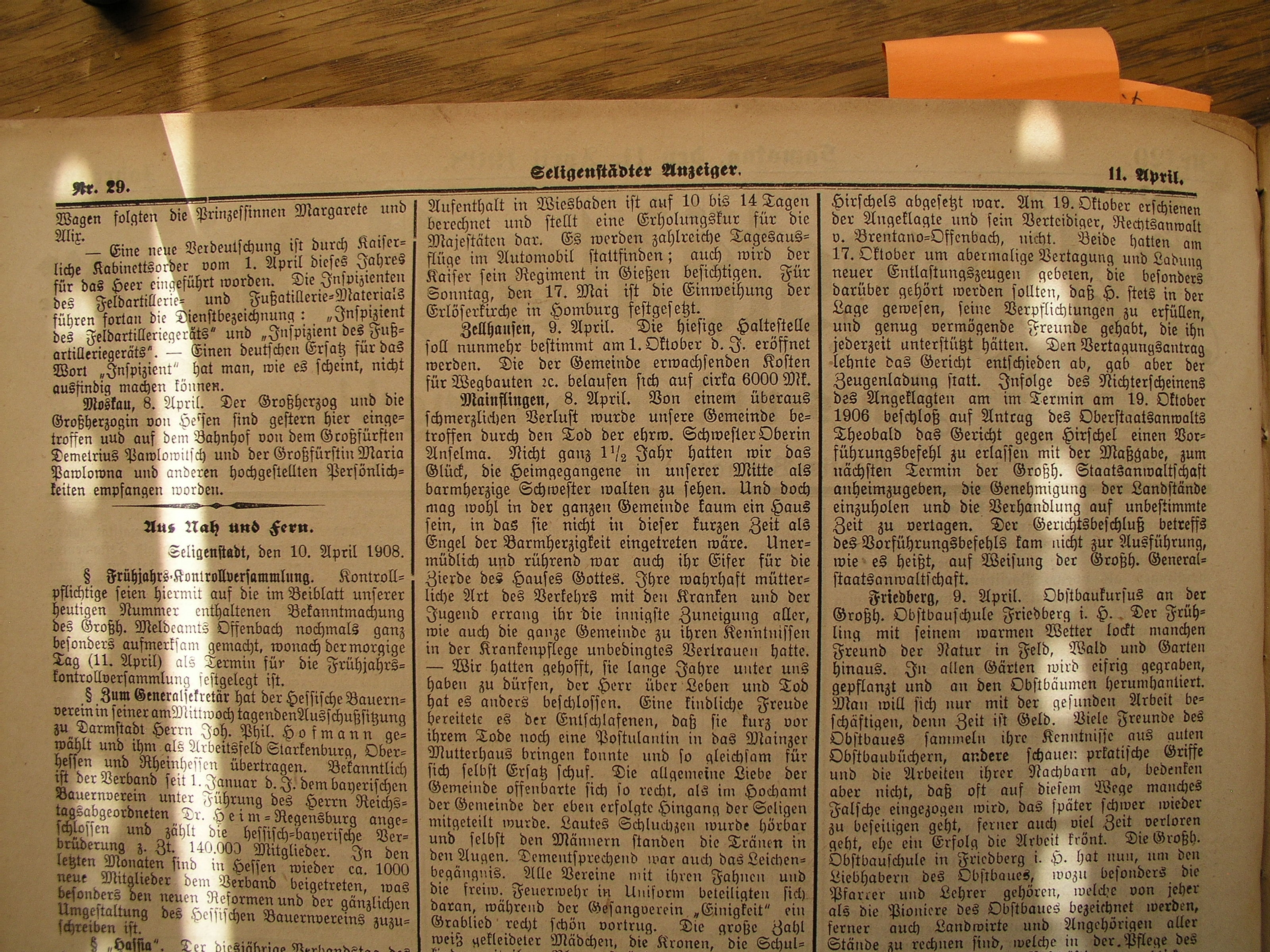 Seligenstädter Anzeiger vom 11.04.1908
